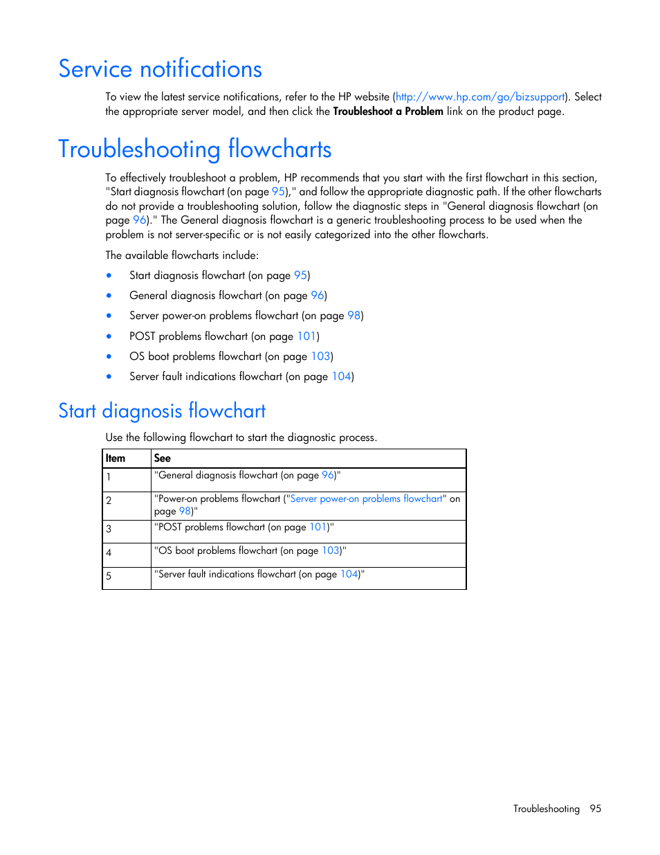 Service notifications, Troubleshooting flowcharts, Start diagnosis flowchart | HP DL980 G7 User Manual | Page 95 / 134