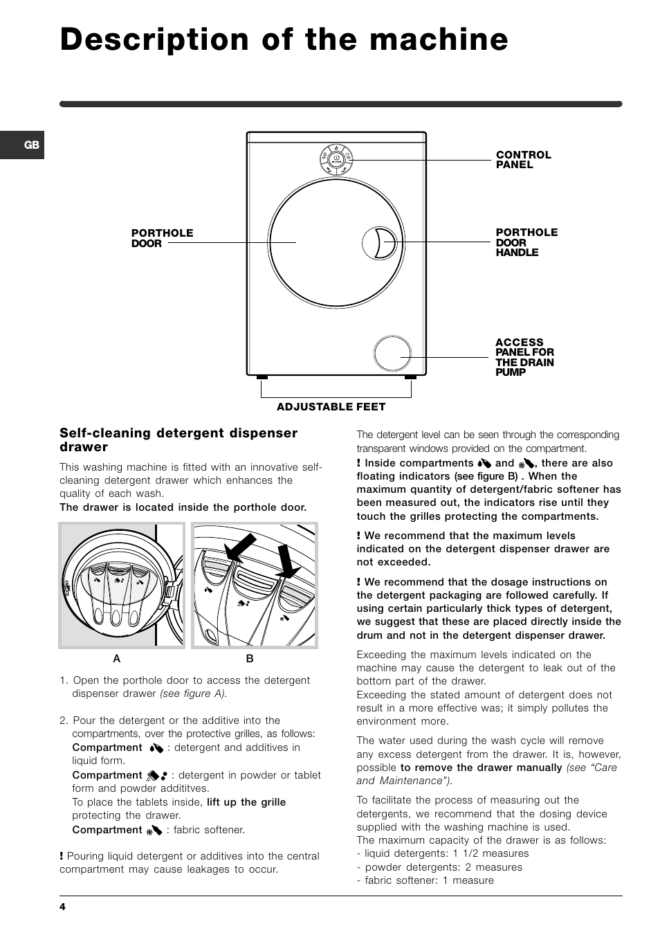 Description of the machine, Self-cleaning detergent dispenser drawer | Indesit SISL 129 User Manual | Page 4 / 48