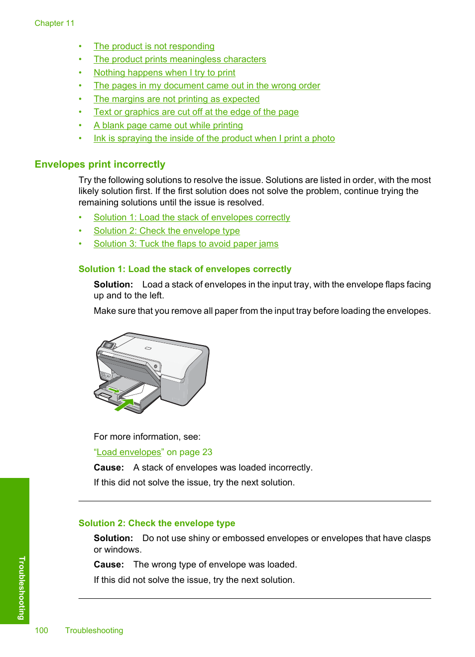 Envelopes print incorrectly | HP Photosmart D5400 series User Manual | Page 101 / 221