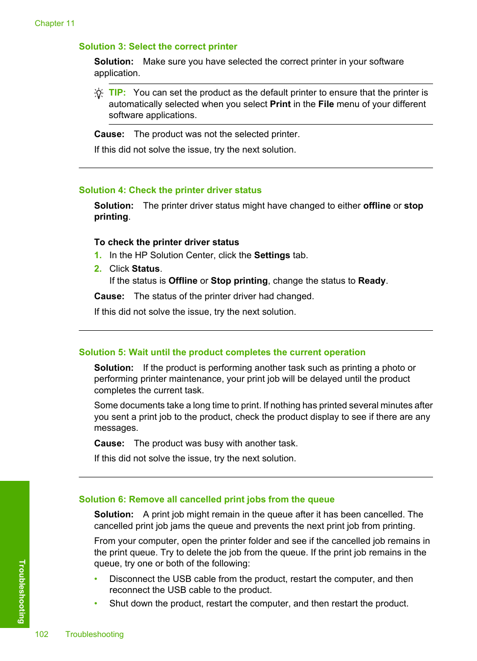 Solution 3: select the correct printer, Solution 4: check the printer driver status | HP Photosmart D5400 series User Manual | Page 103 / 221