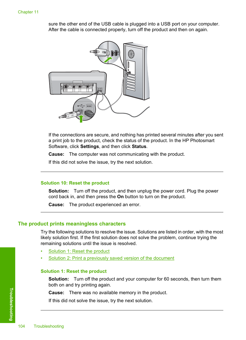 The product prints meaningless characters, Solution 10: reset the product | HP Photosmart D5400 series User Manual | Page 105 / 221