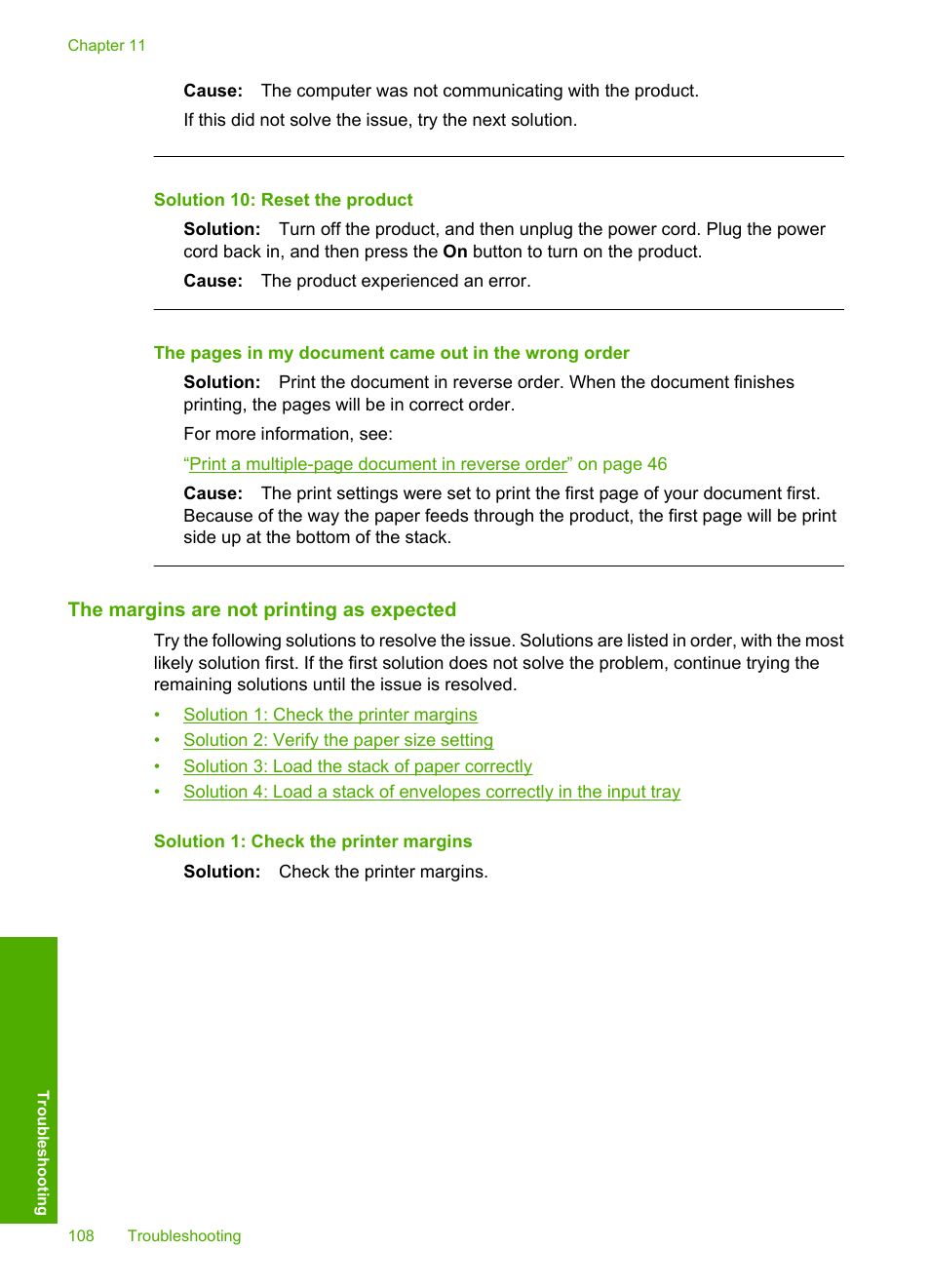 The margins are not printing as expected, Solution 10: reset the product | HP Photosmart D5400 series User Manual | Page 109 / 221