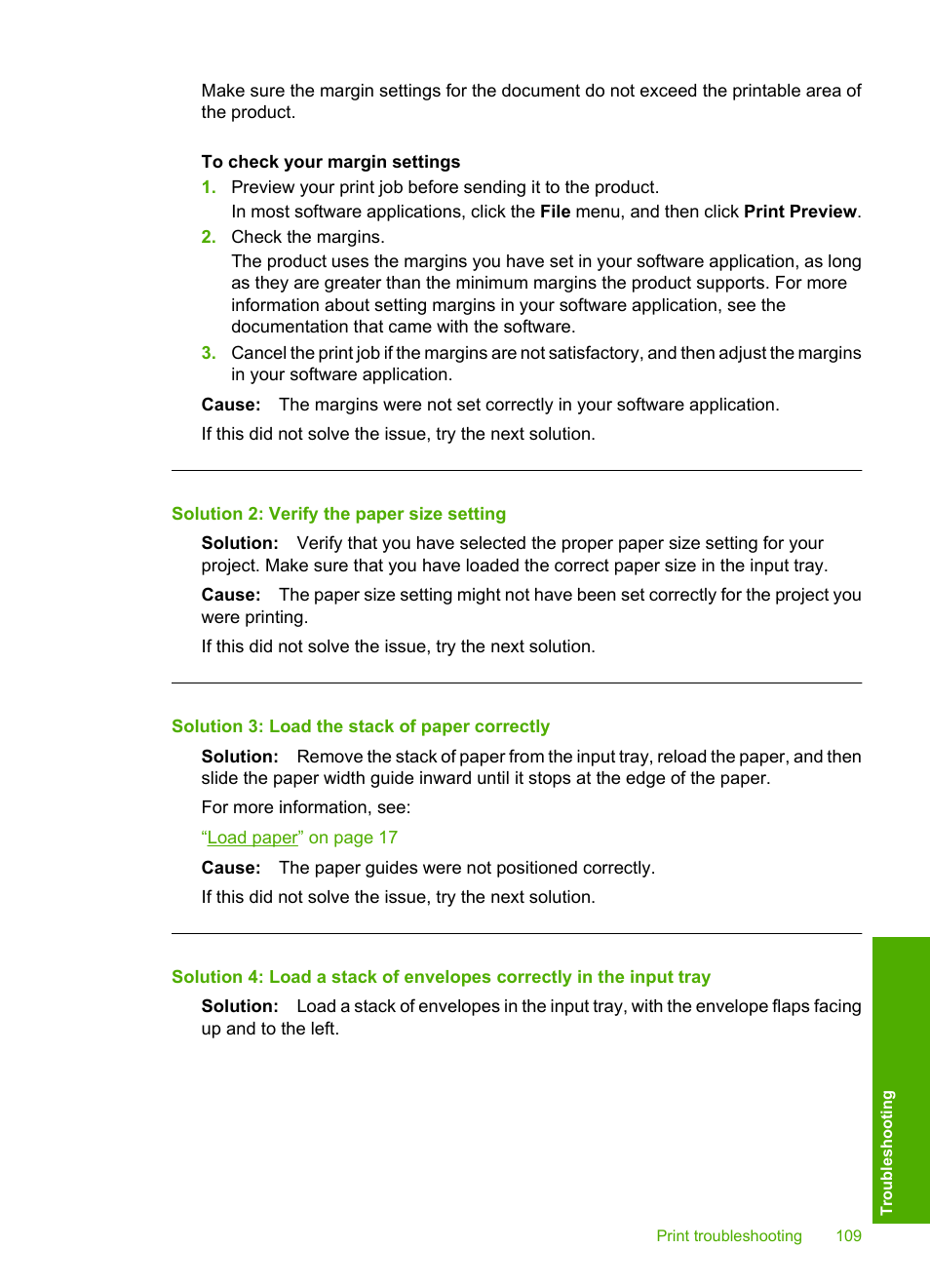 Solution 2: verify the paper size setting, Solution 3: load the stack of paper correctly | HP Photosmart D5400 series User Manual | Page 110 / 221