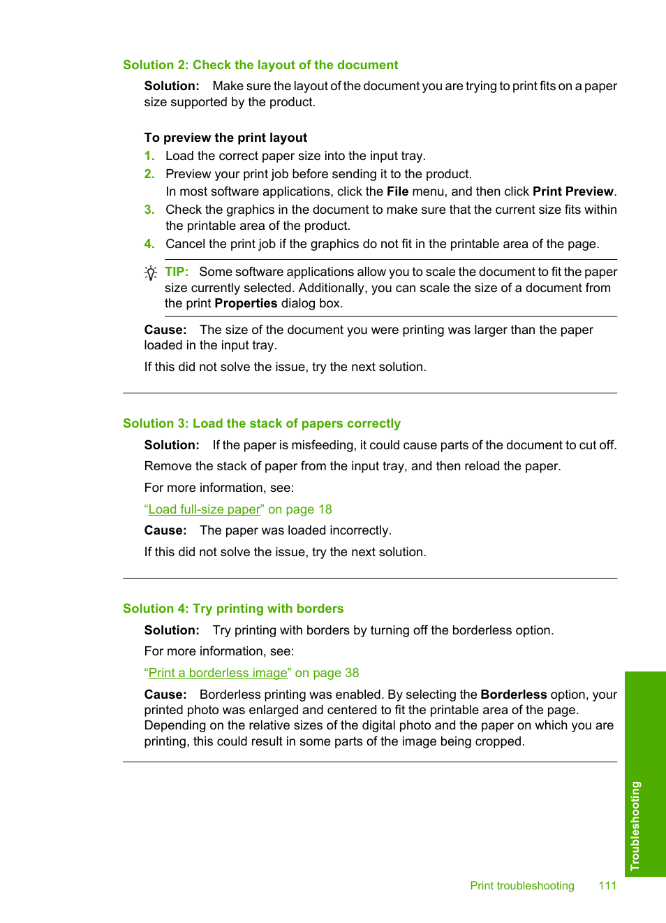 Solution 2: check the layout of the document, Solution 3: load the stack of papers correctly, Solution 4: try printing with borders | HP Photosmart D5400 series User Manual | Page 112 / 221