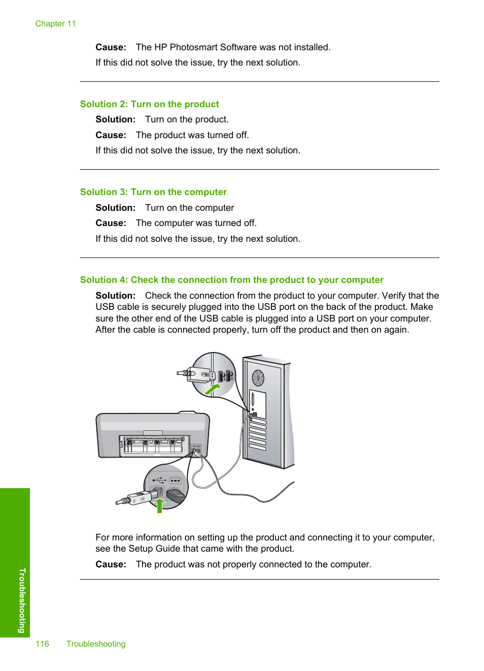 Solution 2: turn on the product, Solution 3: turn on the computer | HP Photosmart D5400 series User Manual | Page 117 / 221