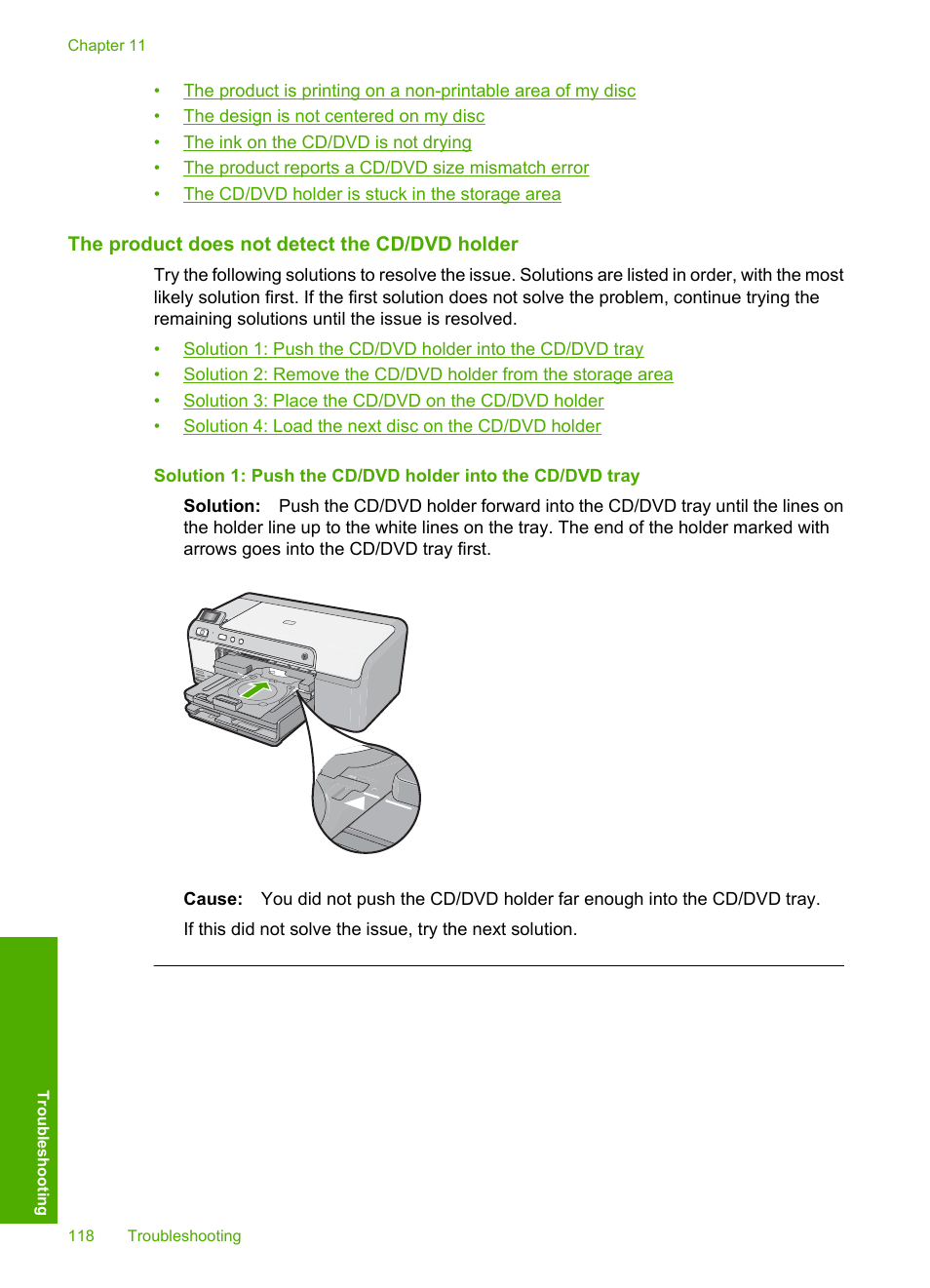 The product does not detect the cd/dvd holder | HP Photosmart D5400 series User Manual | Page 119 / 221