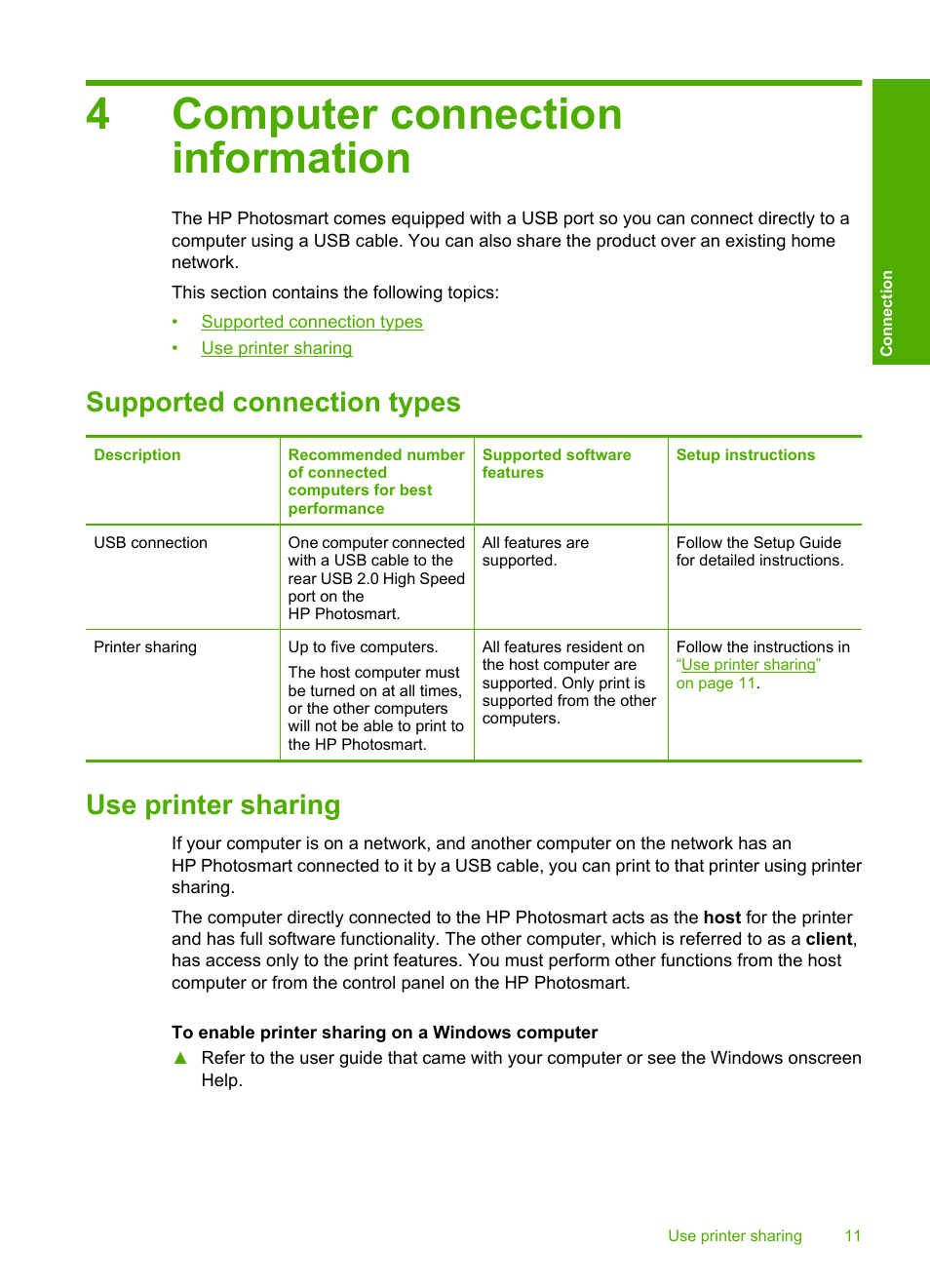 Computer connection information, Supported connection types, Use printer sharing | 4 computer connection information, Supported connection types use printer sharing, 4computer connection information | HP Photosmart D5400 series User Manual | Page 12 / 221