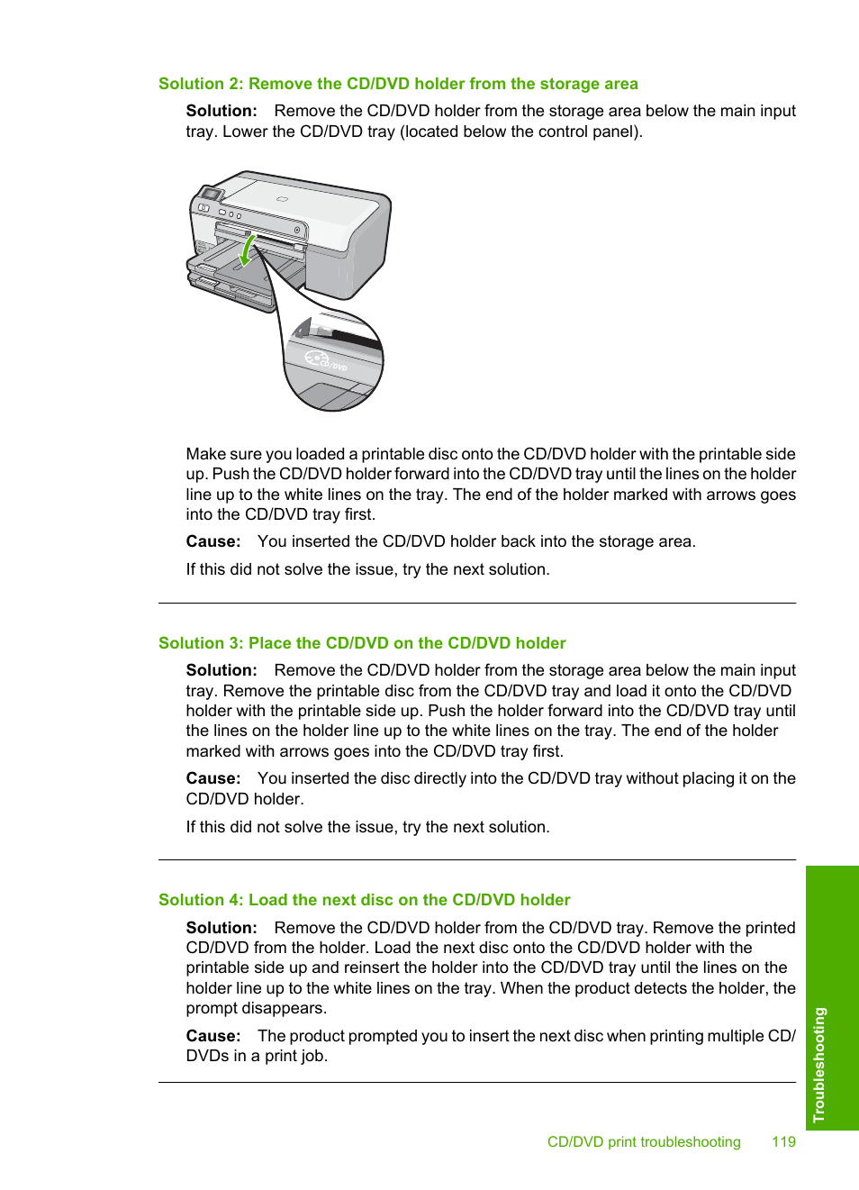 Solution 3: place the cd/dvd on the cd/dvd holder | HP Photosmart D5400 series User Manual | Page 120 / 221