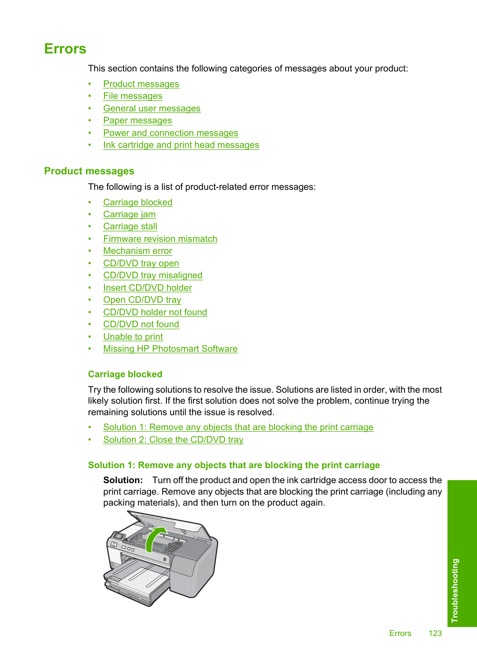 Errors, Product messages, Carriage blocked | HP Photosmart D5400 series User Manual | Page 124 / 221