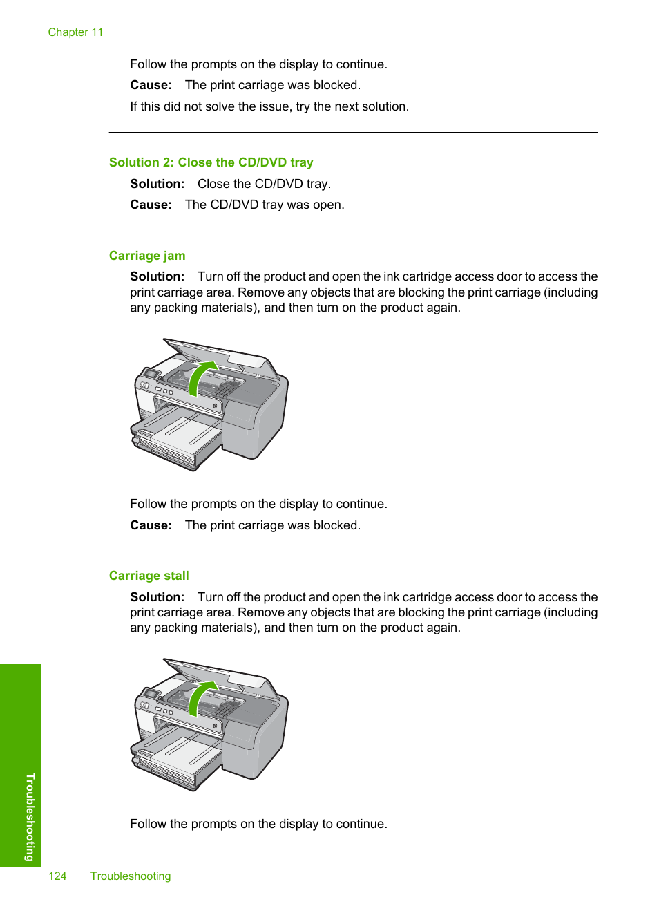 Carriage jam, Carriage stall, Solution 2: close the cd/dvd tray | HP Photosmart D5400 series User Manual | Page 125 / 221