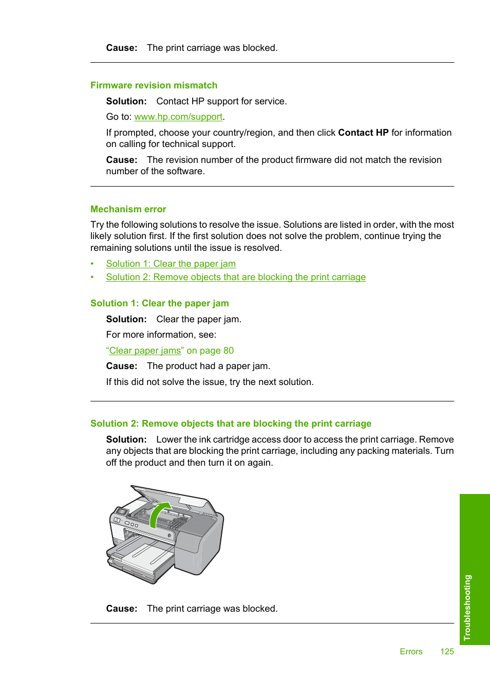 Mechanism error, Firmware revision mismatch | HP Photosmart D5400 series User Manual | Page 126 / 221