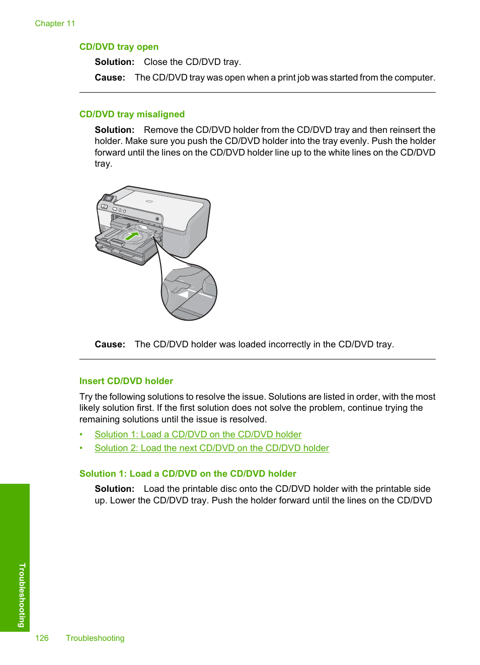 Insert cd/dvd holder, Cd/dvd tray open, Cd/dvd tray misaligned | HP Photosmart D5400 series User Manual | Page 127 / 221