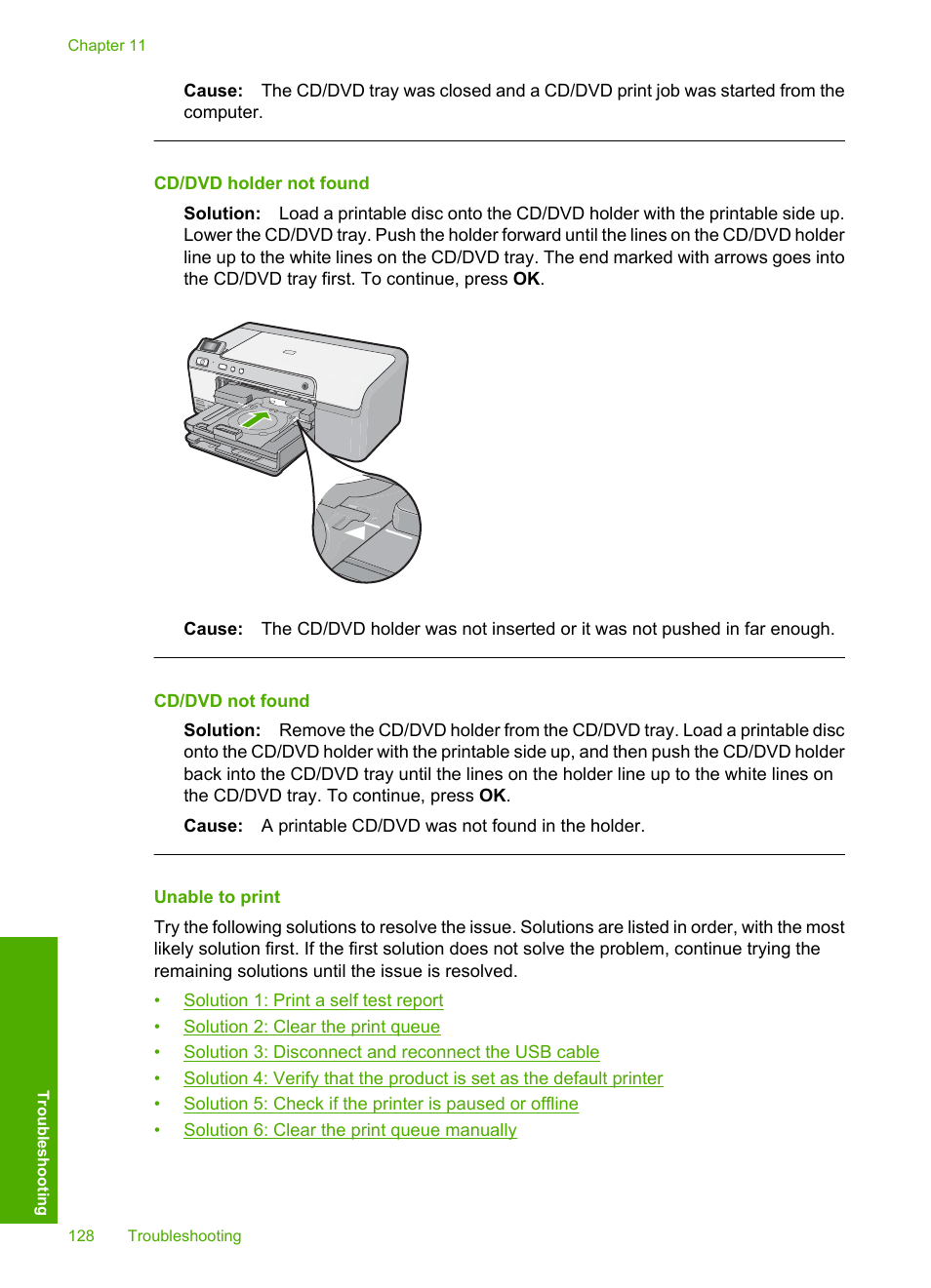 Unable to print, Cd/dvd holder not found, Cd/dvd not found | HP Photosmart D5400 series User Manual | Page 129 / 221