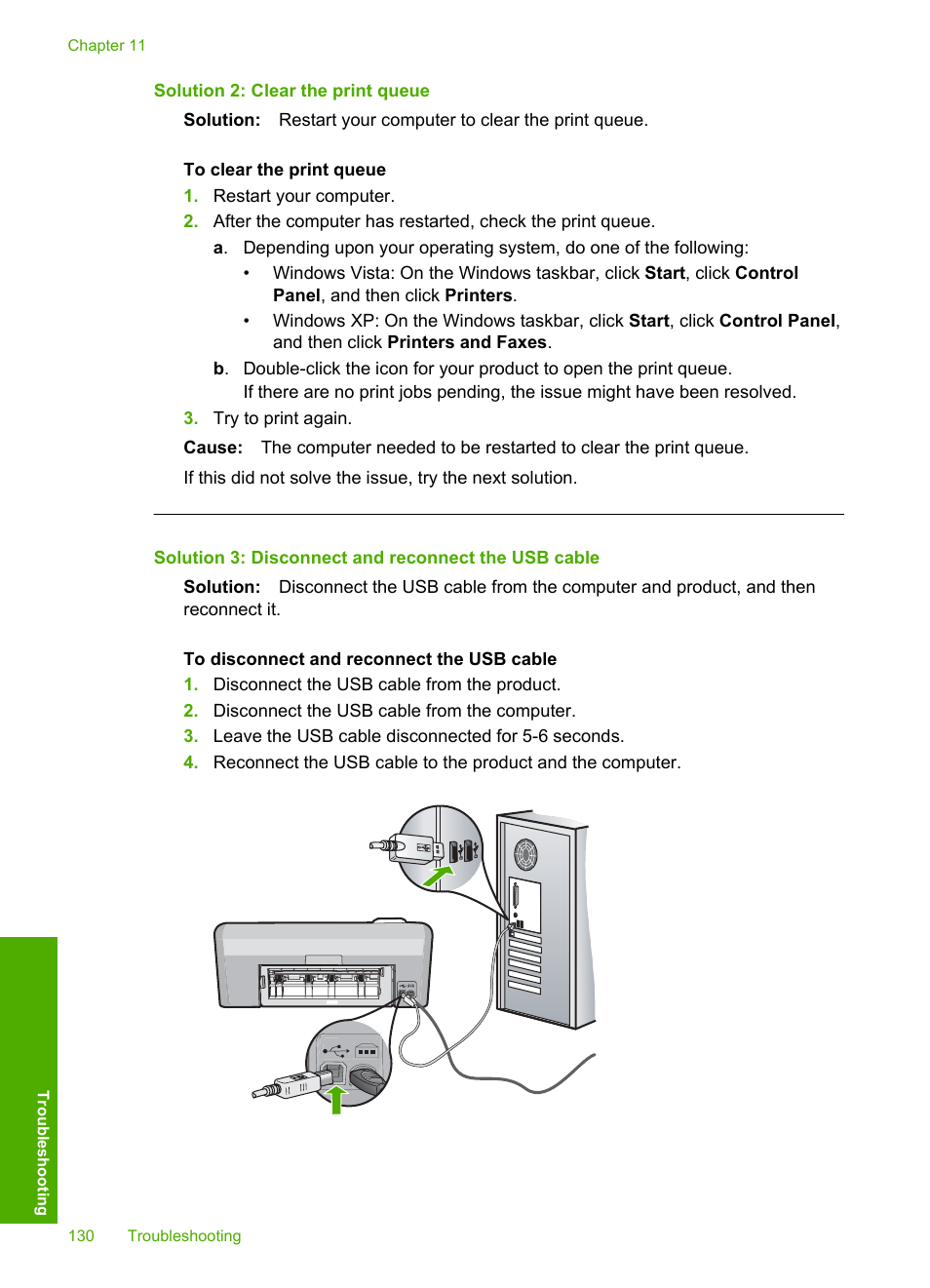 Solution 2: clear the print queue, Solution 3: disconnect and reconnect the usb cable | HP Photosmart D5400 series User Manual | Page 131 / 221