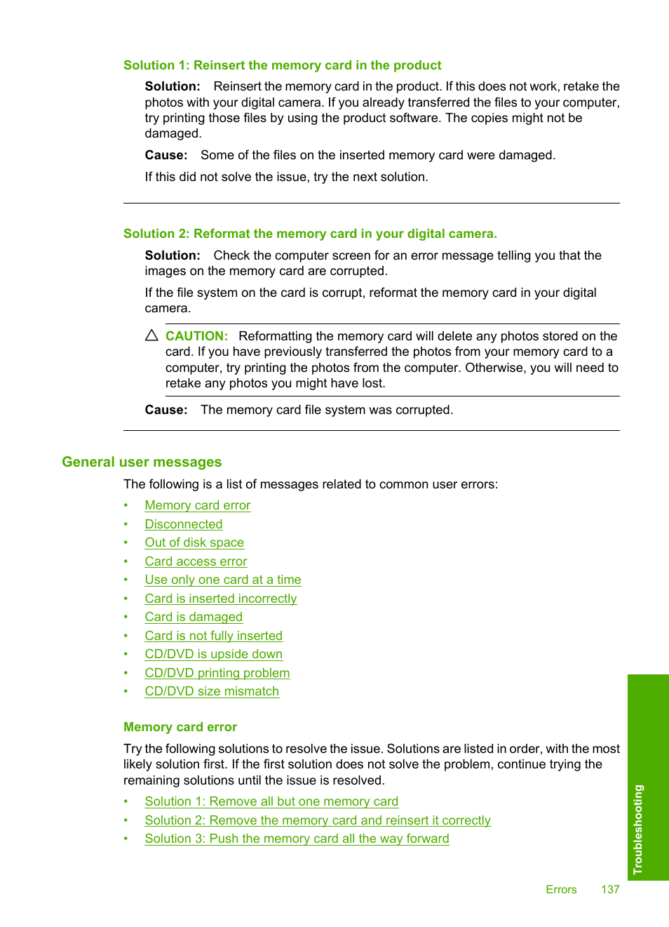 General user messages, Memory card error | HP Photosmart D5400 series User Manual | Page 138 / 221