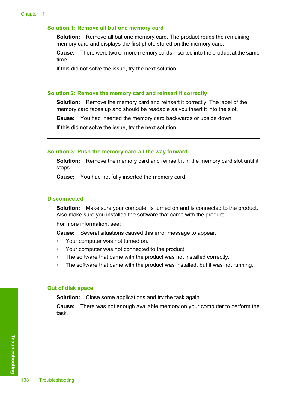 Disconnected, Out of disk space, Solution 1: remove all but one memory card | HP Photosmart D5400 series User Manual | Page 139 / 221