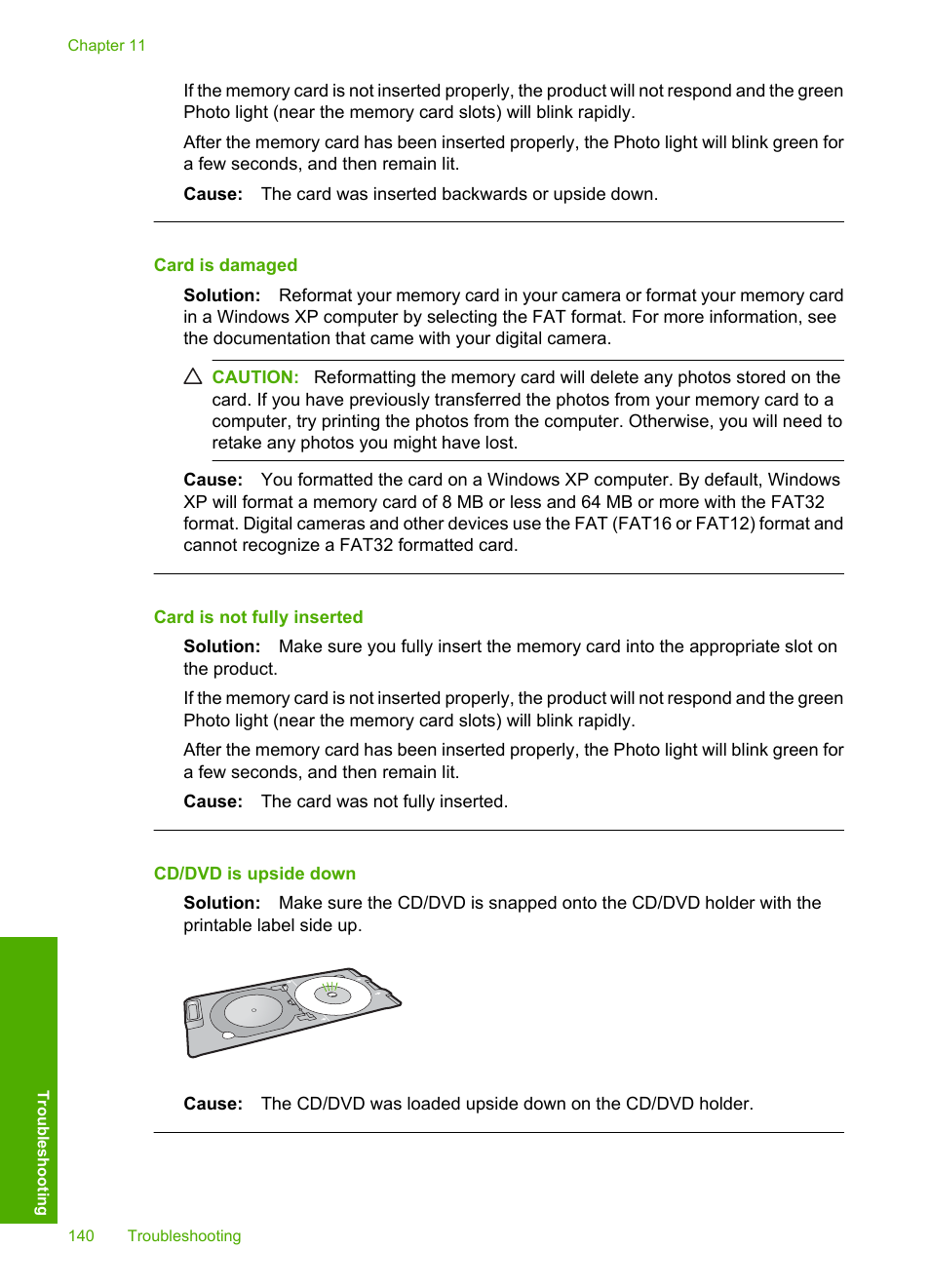 Card is damaged, Card is not fully inserted, Cd/dvd is upside down | HP Photosmart D5400 series User Manual | Page 141 / 221