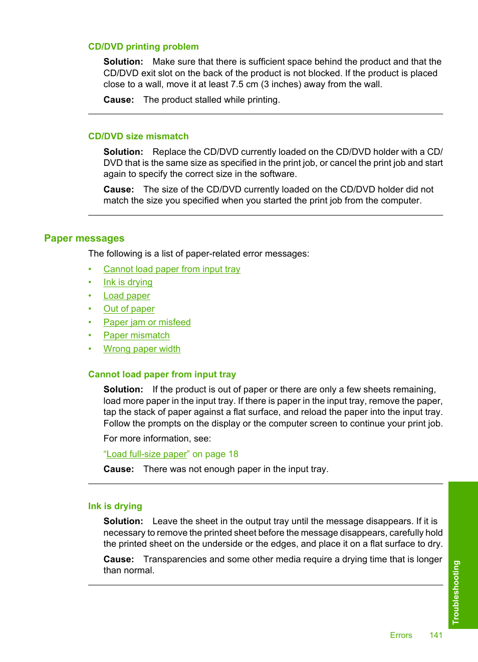 Paper messages, Cd/dvd printing problem, Cd/dvd size mismatch | HP Photosmart D5400 series User Manual | Page 142 / 221