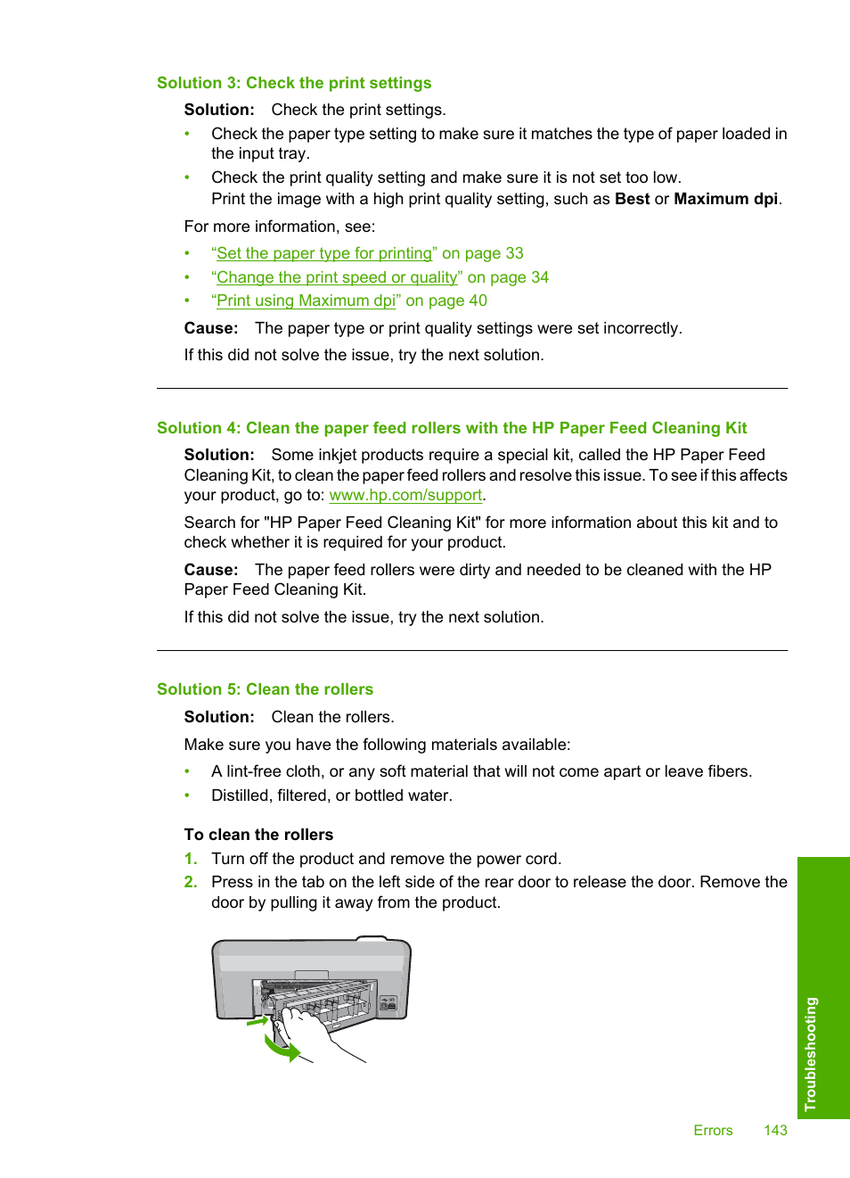 Solution 3: check the print settings, Solution 5: clean the rollers | HP Photosmart D5400 series User Manual | Page 144 / 221