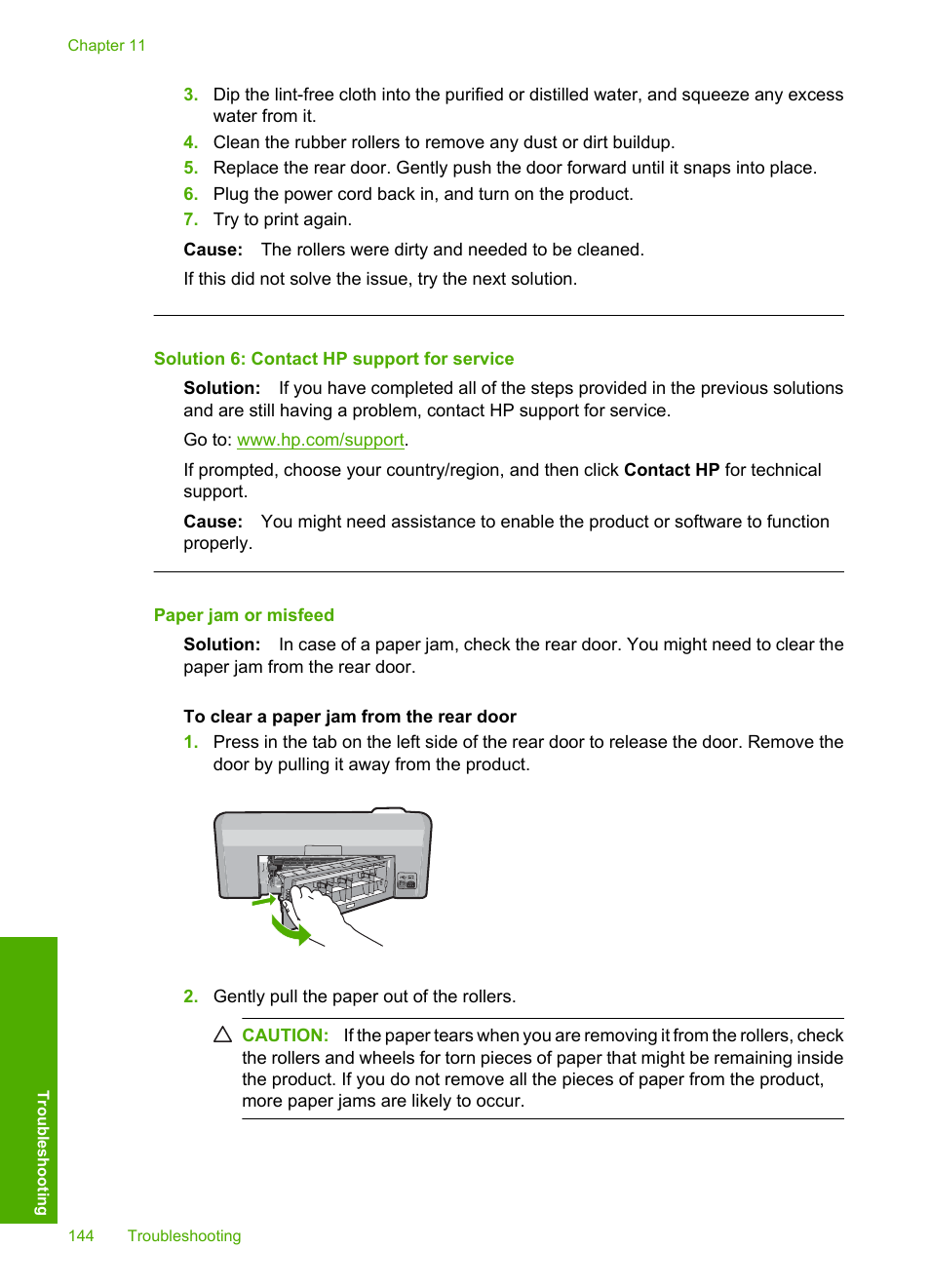 Paper jam or misfeed, Solution 6: contact hp support for service | HP Photosmart D5400 series User Manual | Page 145 / 221