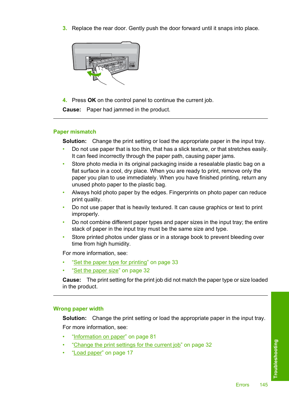 Paper mismatch, Wrong paper width | HP Photosmart D5400 series User Manual | Page 146 / 221