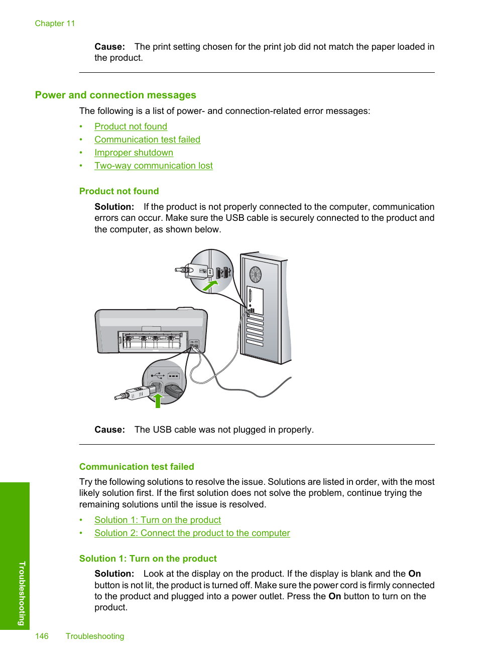 Power and connection messages, Communication test failed | HP Photosmart D5400 series User Manual | Page 147 / 221