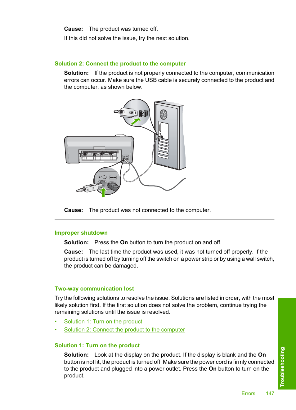 Two-way communication lost, Improper shutdown, Solution 2: connect the product to the computer | HP Photosmart D5400 series User Manual | Page 148 / 221