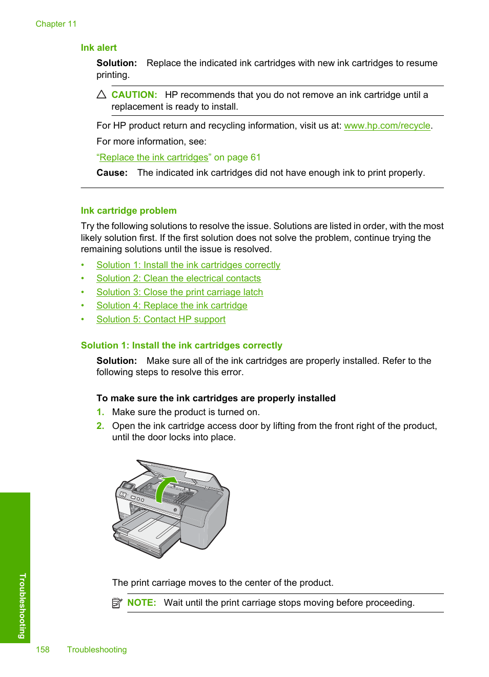 Ink cartridge problem, Ink alert | HP Photosmart D5400 series User Manual | Page 159 / 221