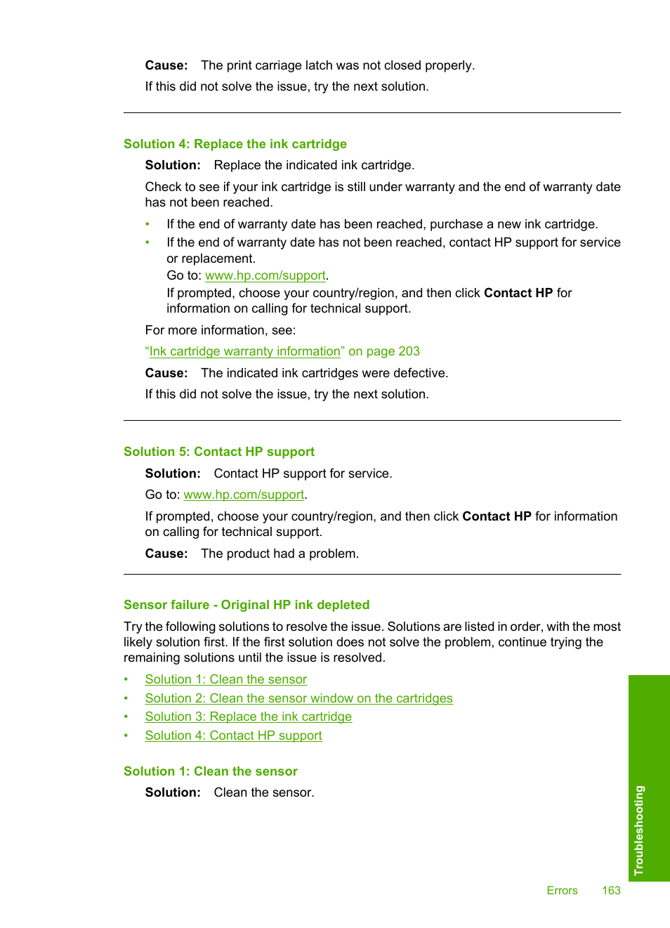 Sensor failure - original hp ink depleted, Solution 4: replace the ink cartridge, Solution 5: contact hp support | HP Photosmart D5400 series User Manual | Page 164 / 221