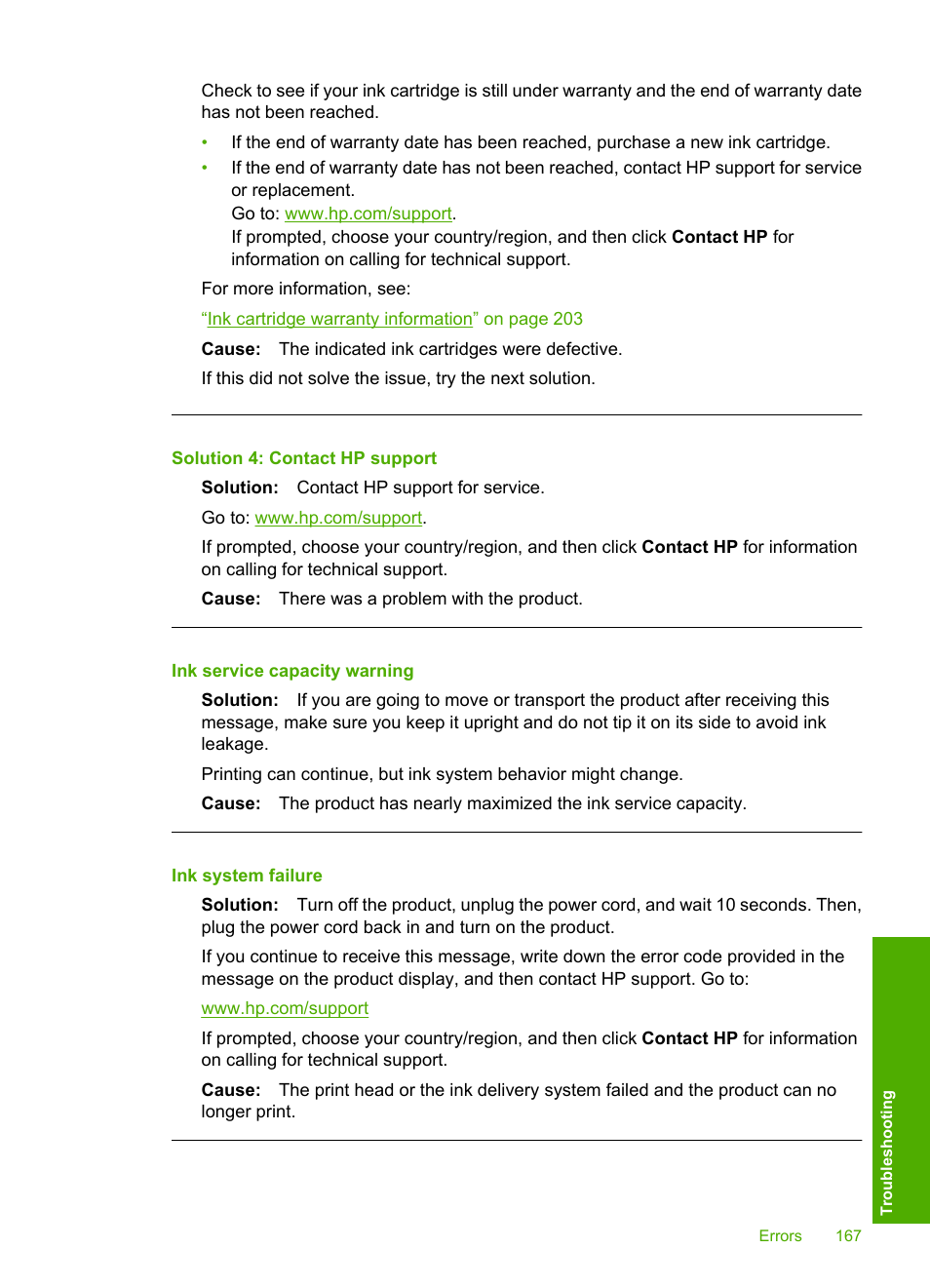 Ink service capacity warning, Ink system failure, Solution 4: contact hp support | HP Photosmart D5400 series User Manual | Page 168 / 221