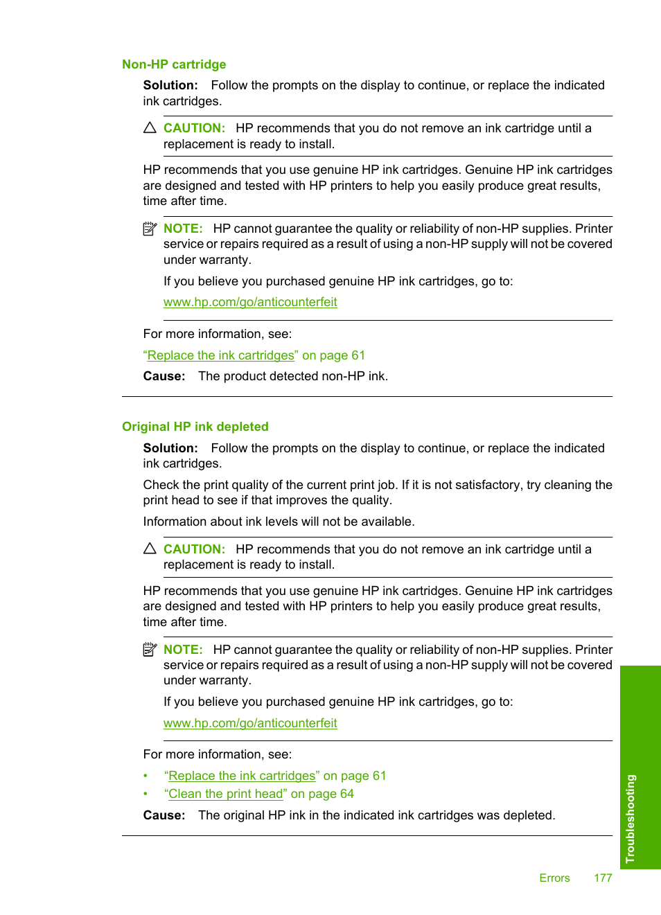 Non-hp cartridge, Original hp ink depleted | HP Photosmart D5400 series User Manual | Page 178 / 221