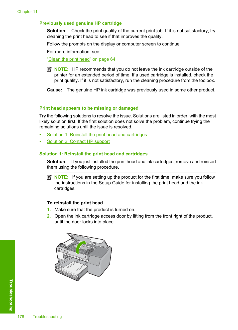 Print head appears to be missing or damaged, Previously used genuine hp cartridge | HP Photosmart D5400 series User Manual | Page 179 / 221