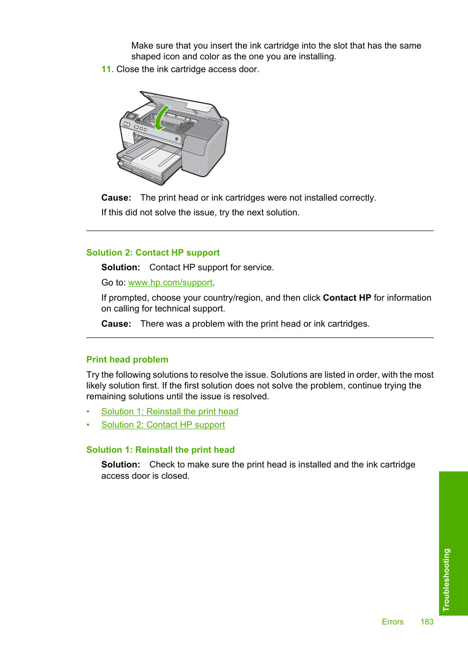 Print head problem | HP Photosmart D5400 series User Manual | Page 184 / 221