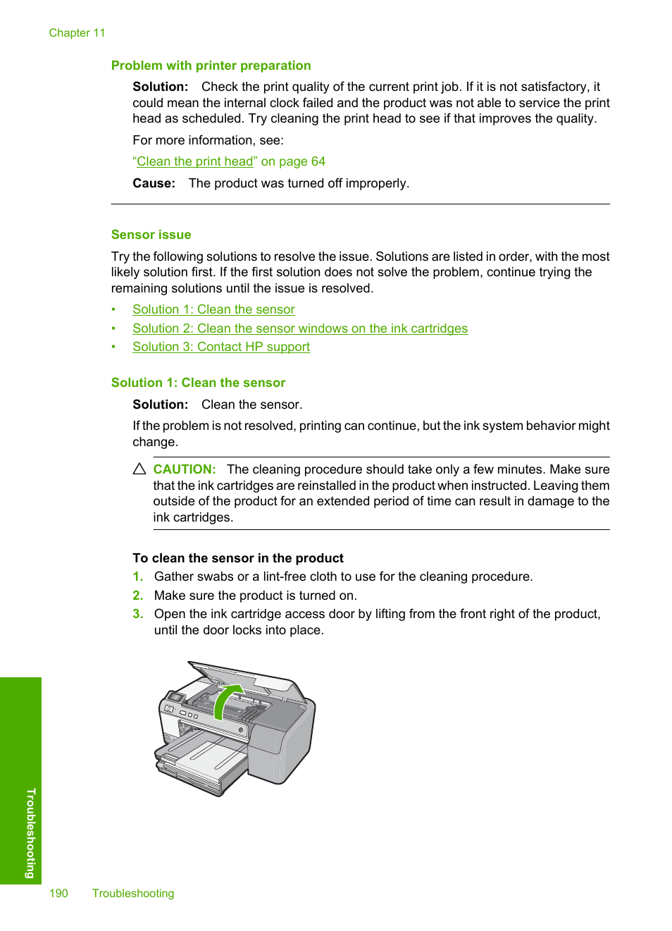 Sensor issue, Problem with printer preparation | HP Photosmart D5400 series User Manual | Page 191 / 221