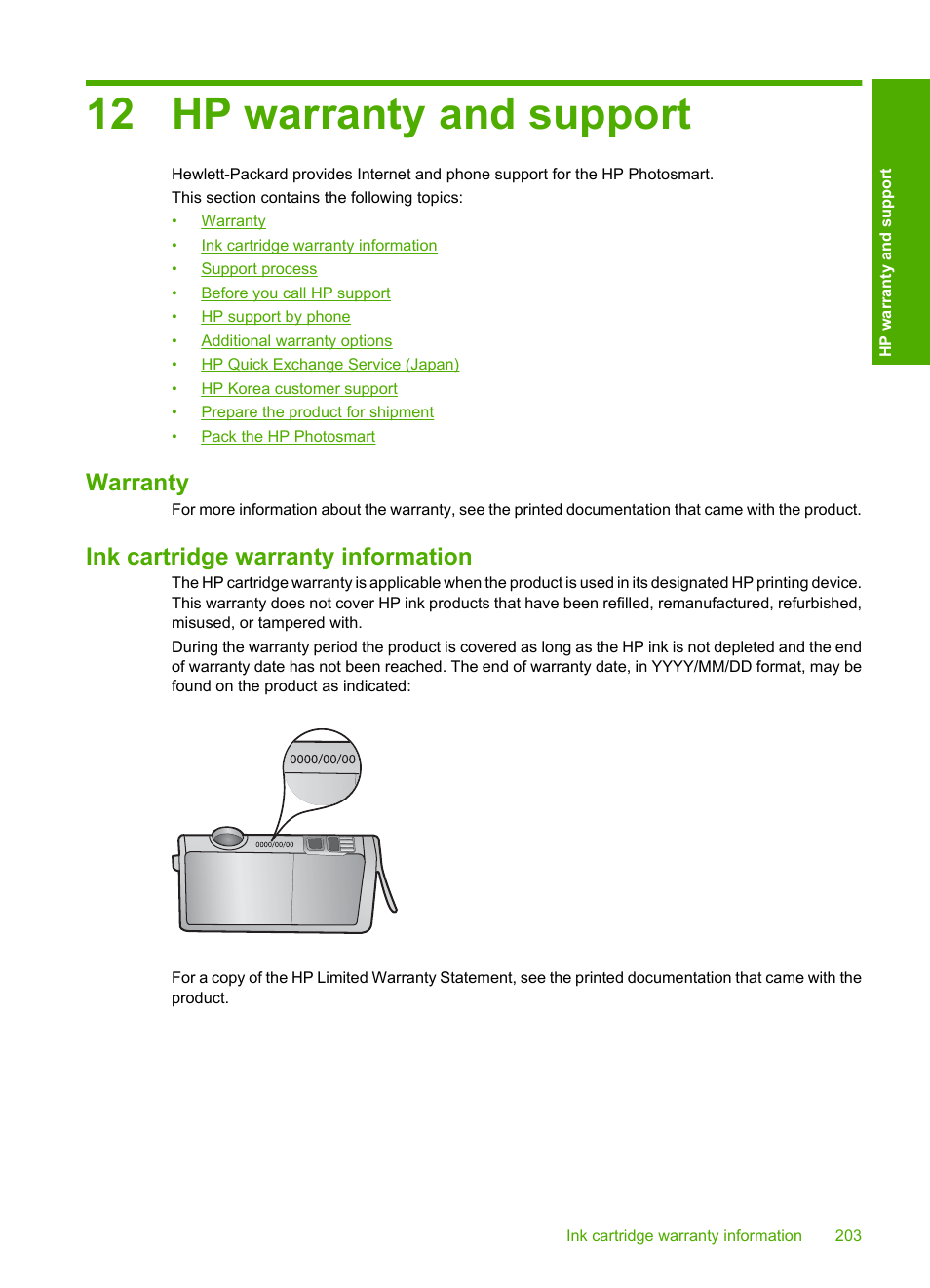 Hp warranty and support, Warranty, Ink cartridge warranty information | 12 hp warranty and support, Warranty ink cartridge warranty information | HP Photosmart D5400 series User Manual | Page 204 / 221