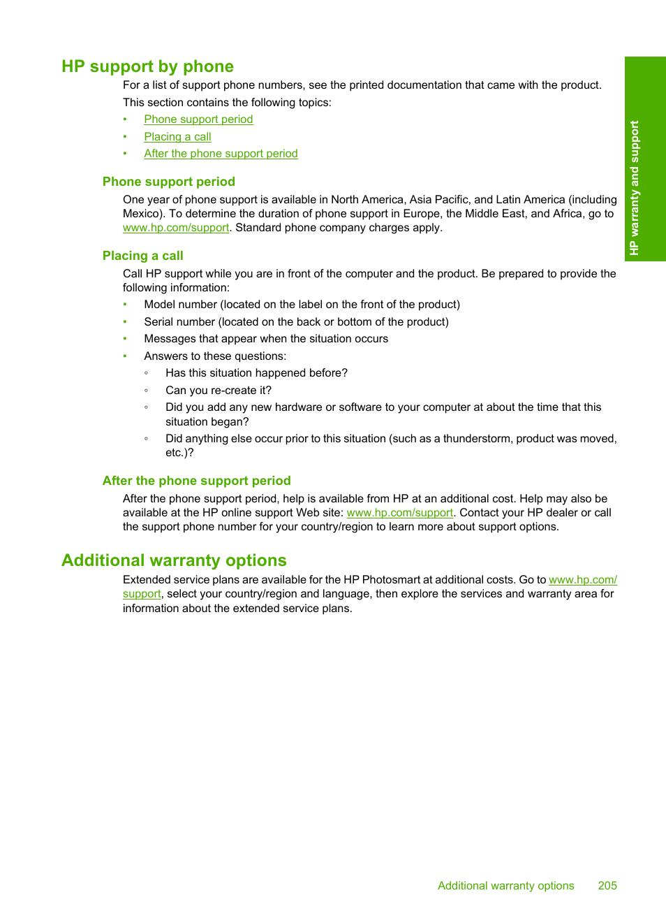 Hp support by phone, Phone support period, Placing a call | After the phone support period, Additional warranty options, Hp support by phone additional warranty options | HP Photosmart D5400 series User Manual | Page 206 / 221