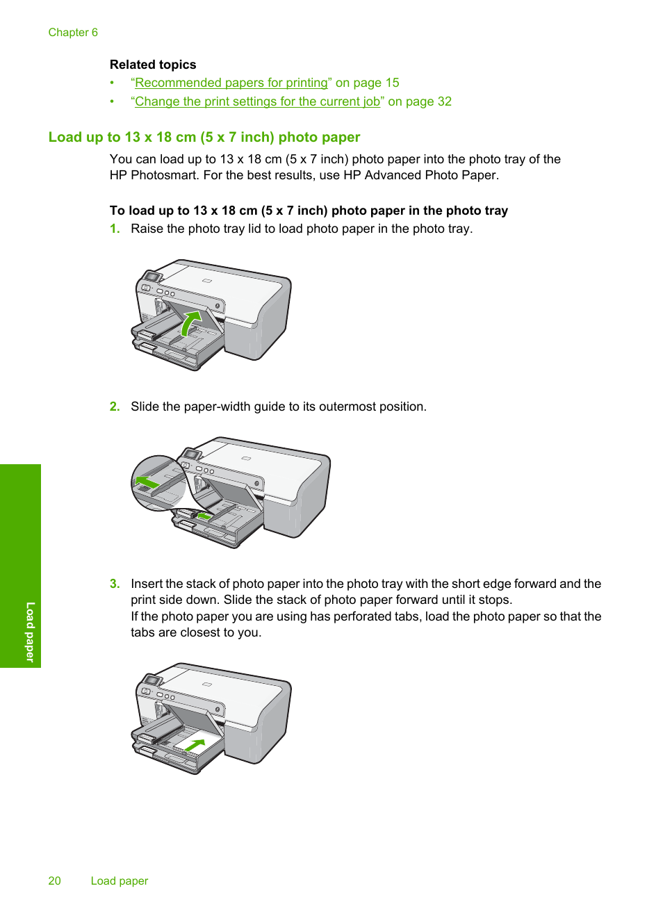 Load up to 13 x 18 cm (5 x 7 inch) photo paper | HP Photosmart D5400 series User Manual | Page 21 / 221