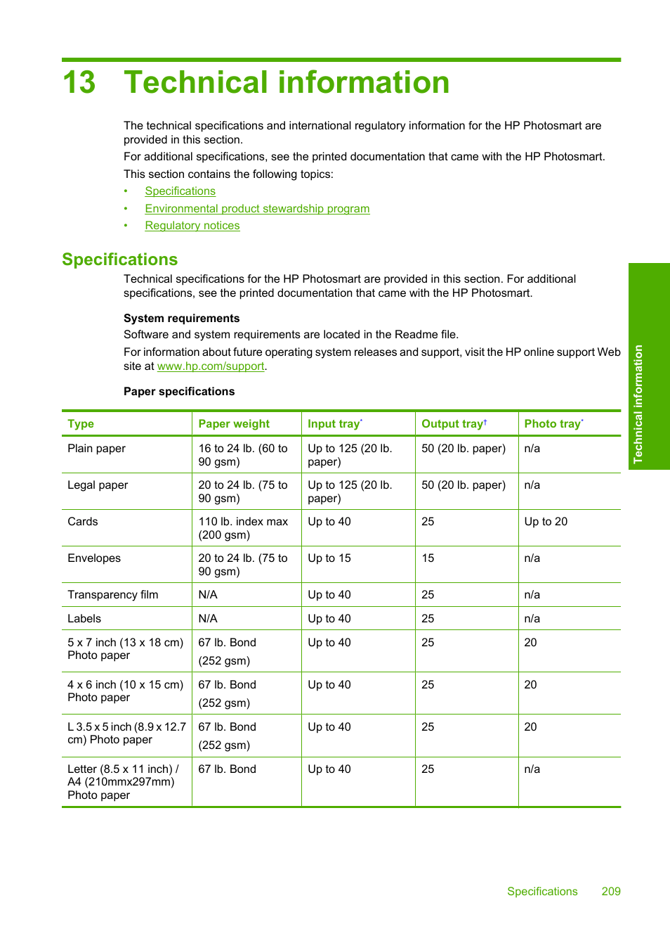 Technical information, Specifications, 13 technical information | Or in | HP Photosmart D5400 series User Manual | Page 210 / 221