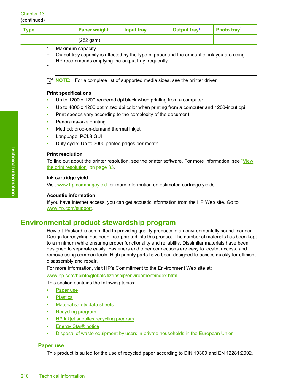 Environmental product stewardship program, Paper use, T tray | HP Photosmart D5400 series User Manual | Page 211 / 221