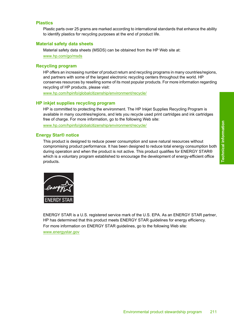 Plastics, Material safety data sheets, Recycling program | Hp inkjet supplies recycling program, Energy star® notice | HP Photosmart D5400 series User Manual | Page 212 / 221