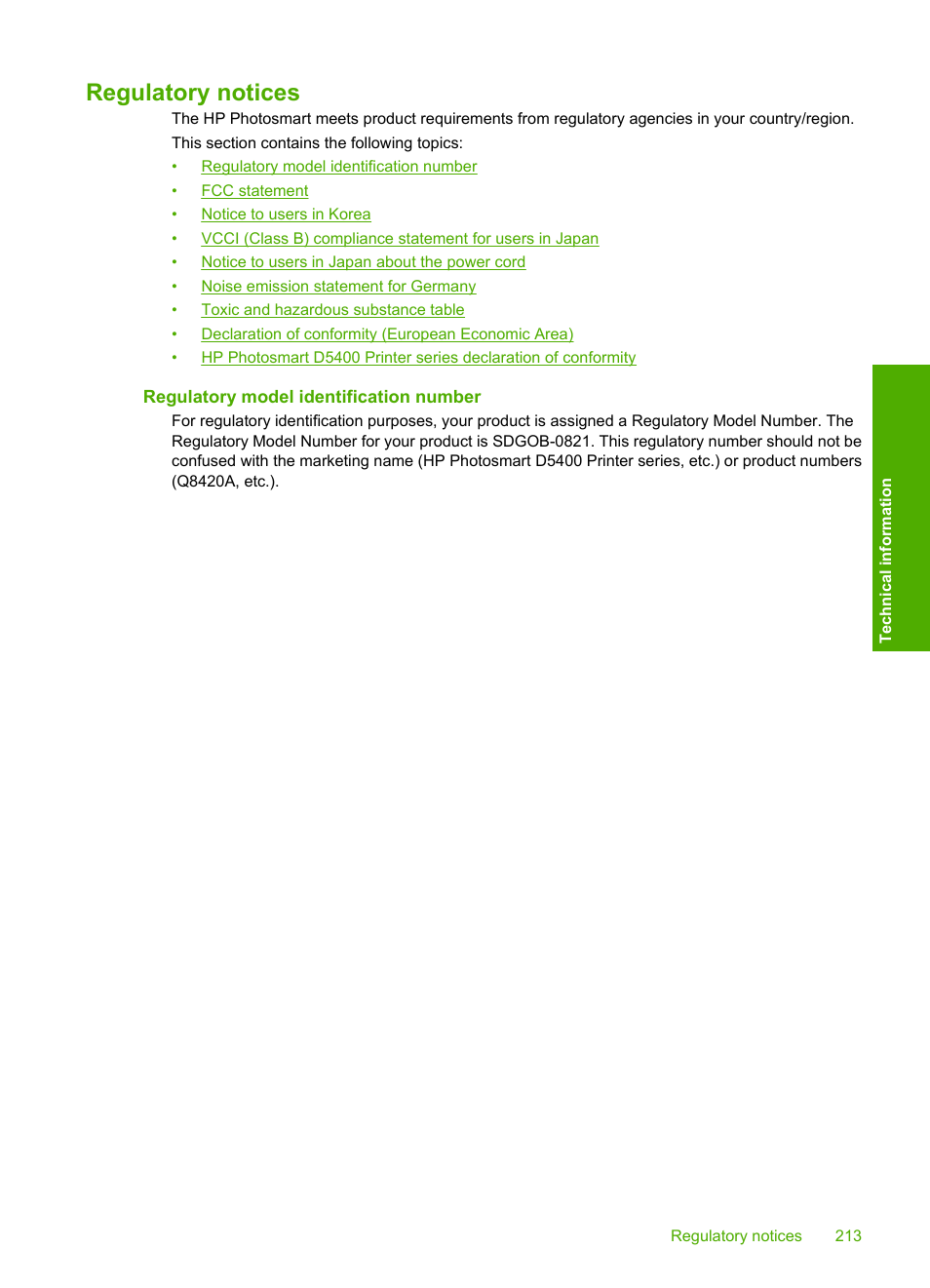 Regulatory notices, Regulatory model identification number | HP Photosmart D5400 series User Manual | Page 214 / 221