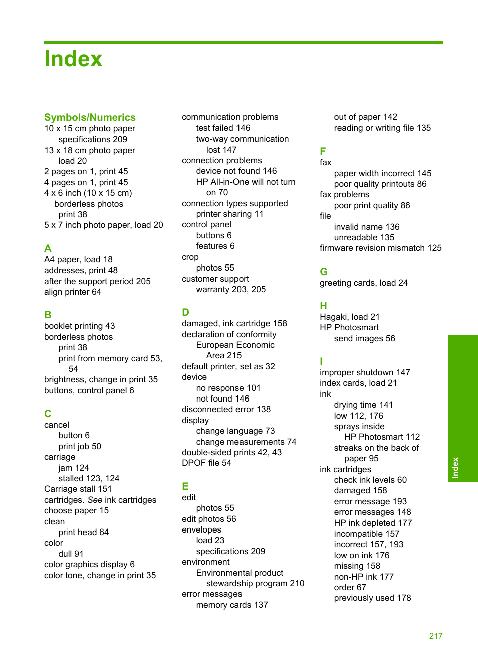 Index | HP Photosmart D5400 series User Manual | Page 218 / 221