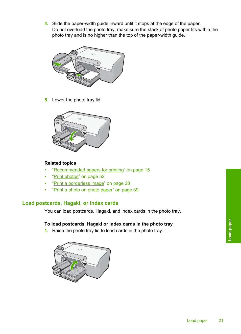 Load postcards, hagaki, or index cards | HP Photosmart D5400 series User Manual | Page 22 / 221