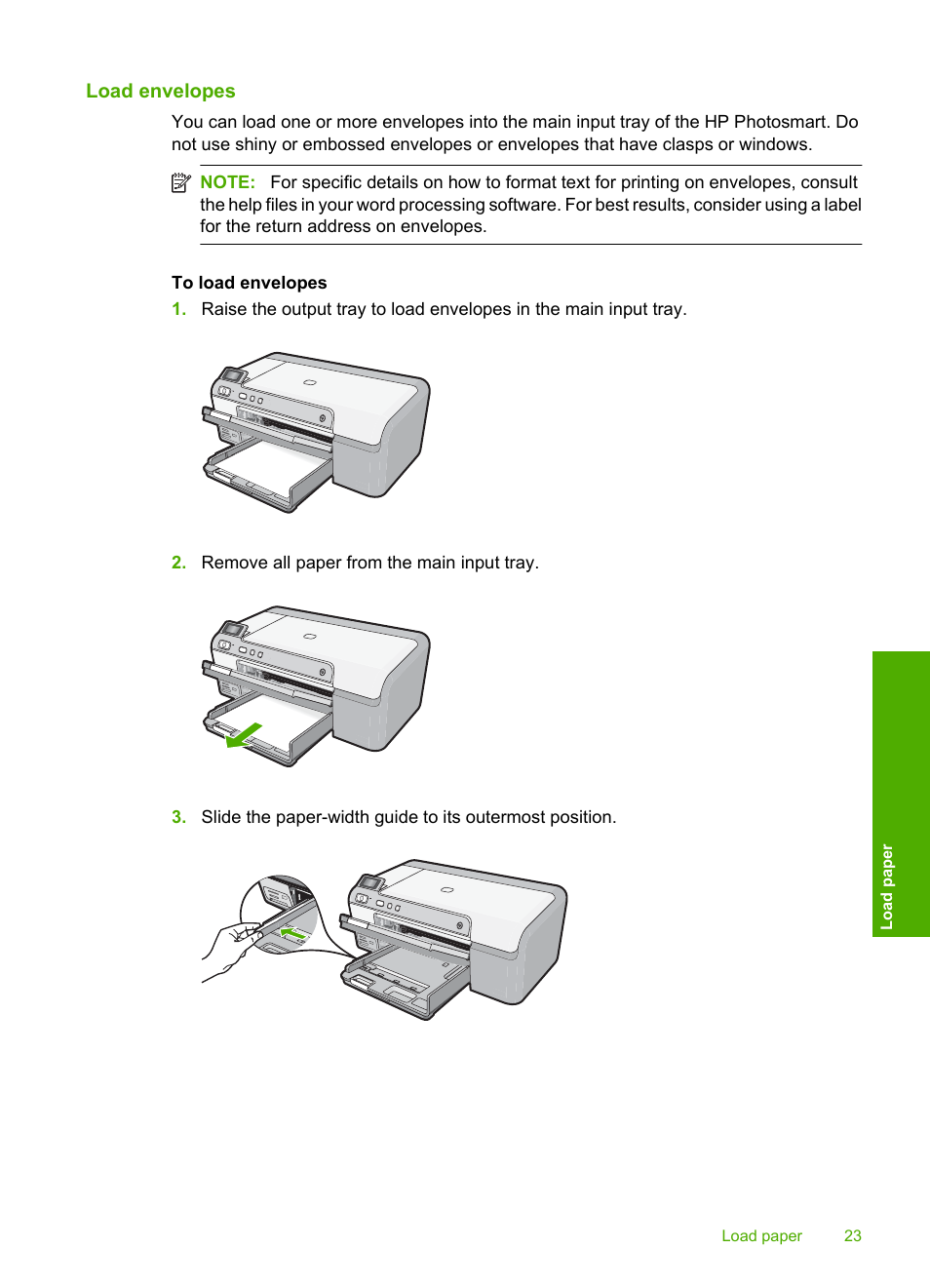 Load envelopes | HP Photosmart D5400 series User Manual | Page 24 / 221