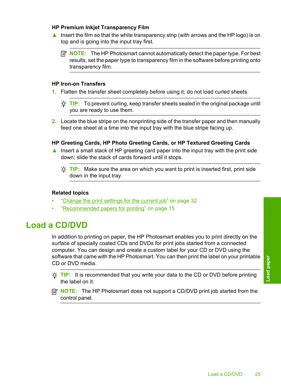 Load a cd/dvd | HP Photosmart D5400 series User Manual | Page 26 / 221