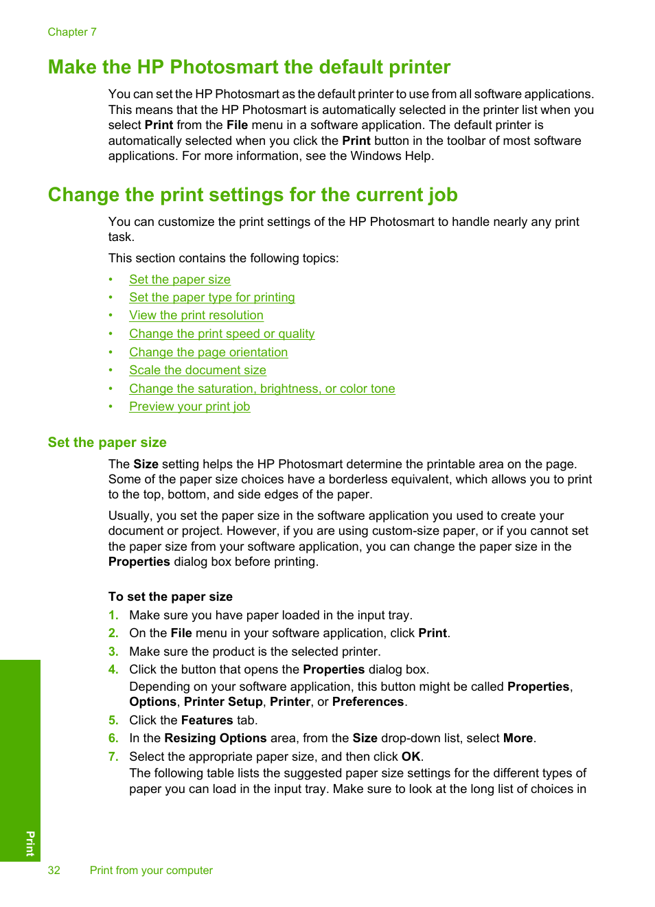 Make the hp photosmart the default printer, Change the print settings for the current job, Set the paper size | HP Photosmart D5400 series User Manual | Page 33 / 221