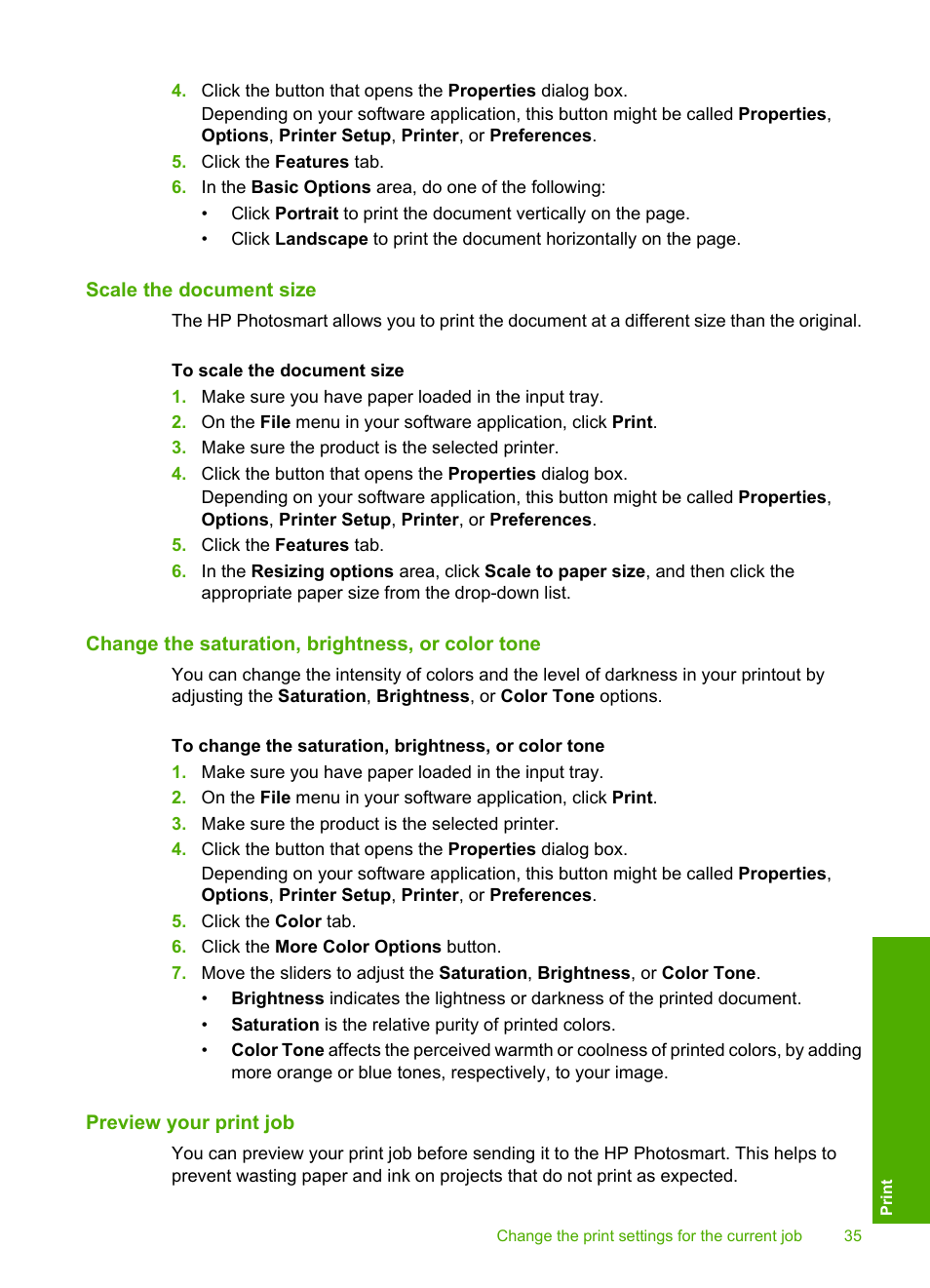 Scale the document size, Change the saturation, brightness, or color tone, Preview your print job | HP Photosmart D5400 series User Manual | Page 36 / 221