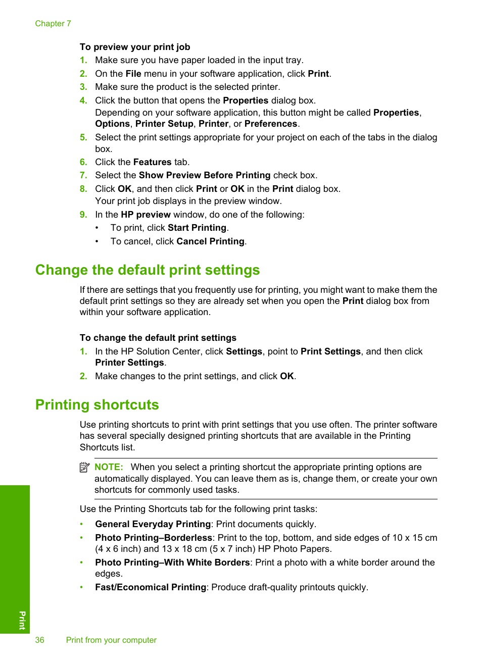 Change the default print settings, Printing shortcuts | HP Photosmart D5400 series User Manual | Page 37 / 221