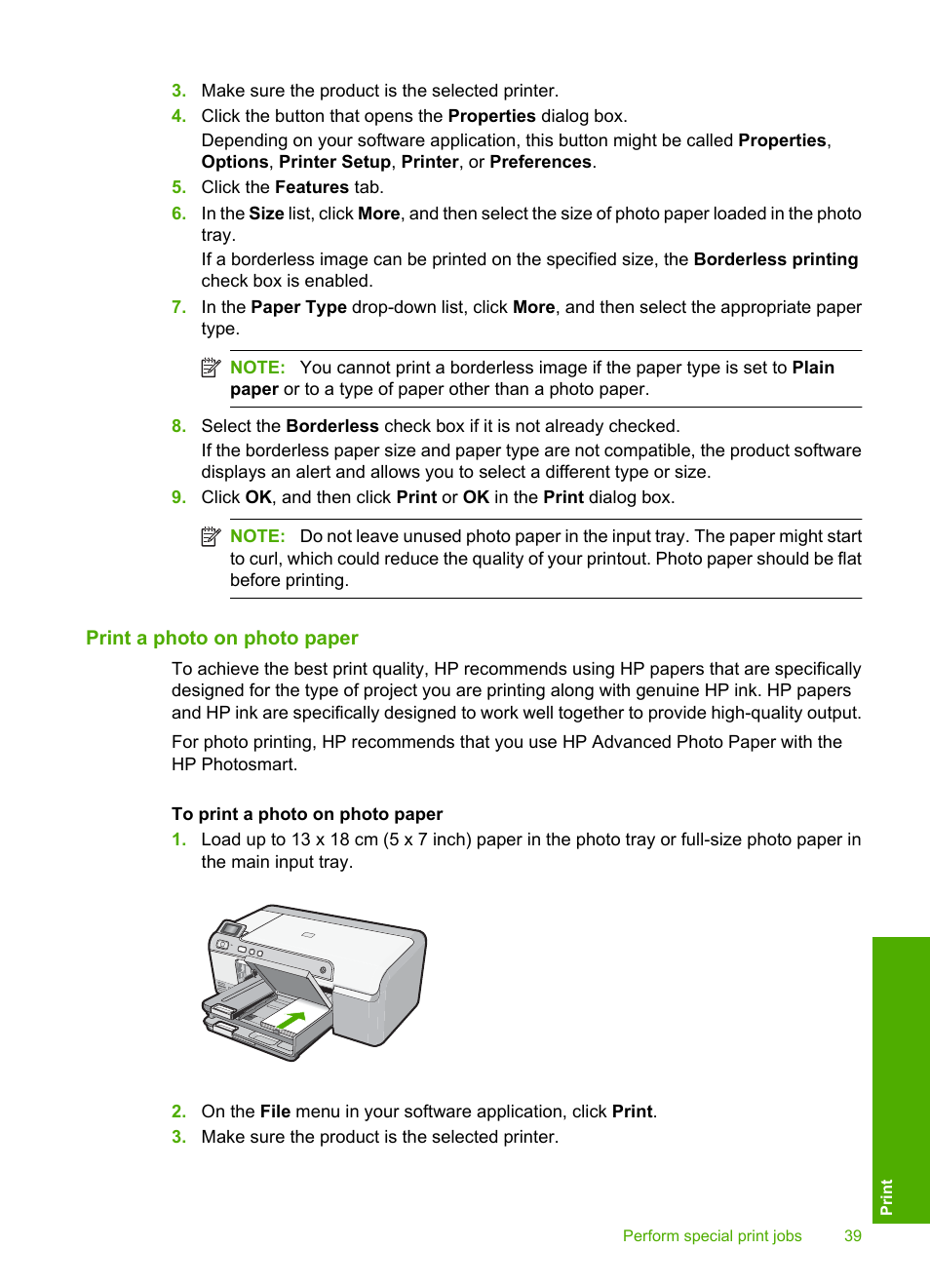 Print a photo on photo paper | HP Photosmart D5400 series User Manual | Page 40 / 221