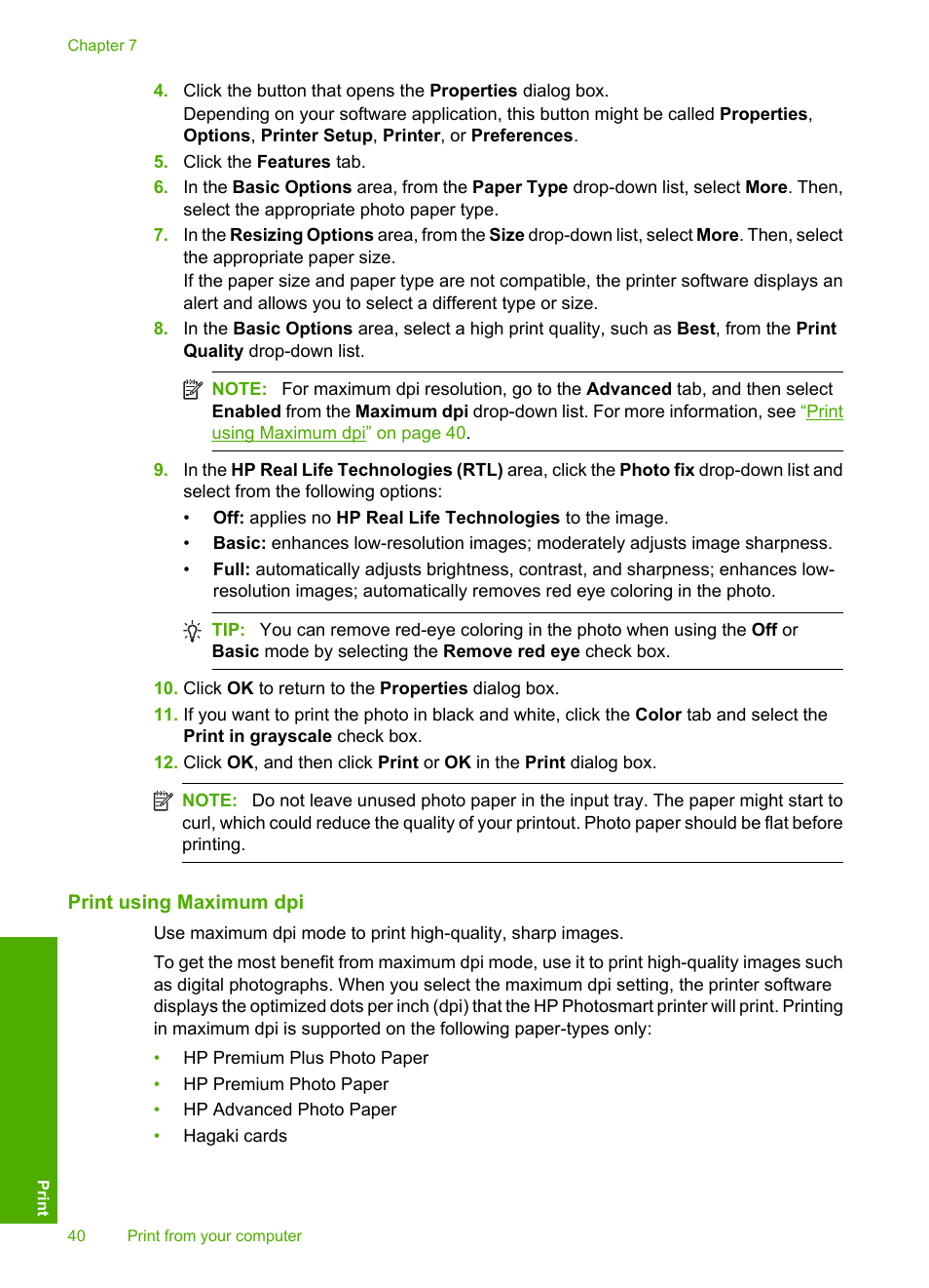 Print using maximum dpi | HP Photosmart D5400 series User Manual | Page 41 / 221